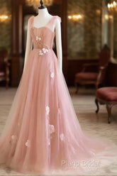 Simple V Neck Pink Tulle Long Formal Prom Dresses Pink Tulle A Line Formal Dresses