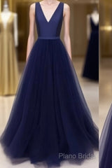 Simple V Neck Tulle Long Formal Prom Dresses, Dark Blue Formal Dresses