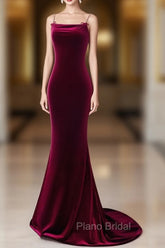 Simple Velvet Mermaid Burgundy Long Formal Prom Dresses, Burgundy Long Formal Dresses