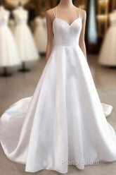 Simple White V Neck Satin Long Wedding Dresses White Bridal Dresses