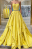 Simple yellow satin long Formal Prom dress yellow evening dress