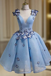 Sky Blue Homecoming Dresses Butterfly Applique Short Formal Prom Dresses
