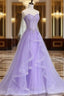 Sleeveless Sweetheart Sweep Train A-line/Princess Tulle Formal Prom Dresses With Beading Appliqued