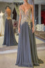 Gray Spaghetti Straps A-line Beaded Long Formal Prom Dresses