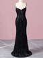 Spaghetti Straps Black Sequin Prom Dress Mermaid Skirt