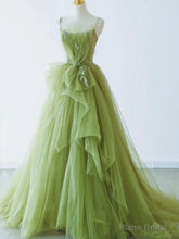 Spaghetti Straps Green Tulle Long Prom Dresses, Green Tulle Long Formal Evening Dresses