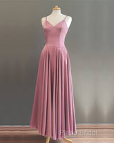 Spaghetti Straps V Neck Ankle Length Bridesmaid Dresses