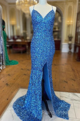 Sparkle Blue Sequin Formal Prom Dresses Iridescent Mermaid Long Formal Dresses Side Slit