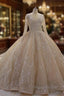 Sparkle Lace Long Sleevess Champange Luxurious corset Wedding Dress