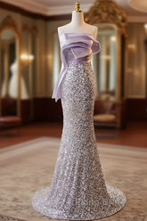 Sparkling Lavender Color Sleeveless Off Shoulder Sequin Evening Dresses With Lavender Color Mermaid Backless Strap And Floor Length Evening Dresses