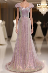 Sparkling Powder Blusher Pink Sequins Off Shoulder Short Sleeve Evening Dresses Powder Blusher Pink Trumpet/Mermaid Open Back Zipper Sweep Tail Formal Prom Dresses