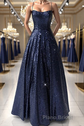 Sparkly Backless Navy Blue Long Formal Prom Dresses, Open Back Long Navy Blue Formal Evening Dresses