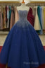 Sparkly Beaded Strapless Navy Blue Ball Gown Formal Prom Dresses