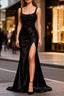 Sparkly Black Spaghetti Straps Mermaid Long Formal Prom Dresses with Slit