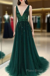 Sparkly Sequins Beaded V-Neck Tulle Open Back Formal Dresses