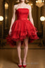Strapless High Low Red Lace Formal Prom Dress, High Low Red Homecoming Dress, Short Red Lace Formal Graduation Evening Dress