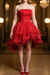 Strapless High Low Red Lace Formal Prom Dress, High Low Red Homecoming Dress, Short Red Lace Formal Graduation Evening Dress