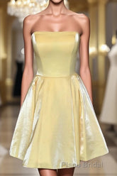 Strapless Lace-Up Yellow Satin Homecoming Dresses,Short Cocktail Dresses