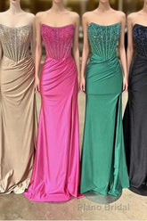 Strapless Mermaid Beaded Long Formal Prom Dresses With Slit