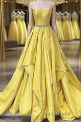 Strapless Open Back Fluffy Yellow Satin Long Formal Prom Dress, Layered Yellow Formal Evening Dress