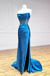 Strapless Pleated Blue Long Prom Dresses, Blue Long Formal Evening Dresses