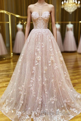 Strapless Sweetheart Neck Pink Lace Long Formal Prom Dress, Pink Lace Formal Graduation Evening Dress