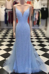 Straps Light Blue Mermaid Formal Prom Dresses Beaded Backless Formal Dresses