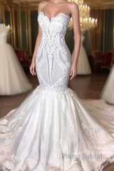 Stunning Strapless Mermaid White Beach Wedding Dress Modern Low Back Bridal Gowns on Sale