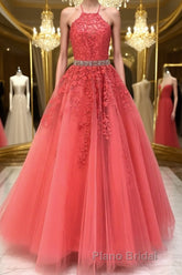 Stylish Backless Coral Lace Long Formal Prom Dress, Coral Lace Formal Graduation Evening Dress