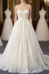 Sweetheart Backless Long Wedding Dresses Tulle With Lace Appliques