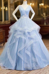 Sweetheart Blue Organza Ballgown V Neck Ruffles Appliques Formal Prom Dresses
