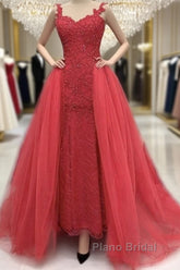 Sweetheart Mermaid Formal Prom Dresses Lace Beaded Removable Skirt