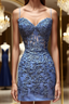 Sweetheart Neck Short Blue Lace Formal Prom Dresses, Short Blue Lace Formal Homecoming Dresses