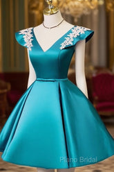 Teal Blue Satin Short Party Dresses With White Lace, Blue Homecoming Dresses Formal Prom Dresses