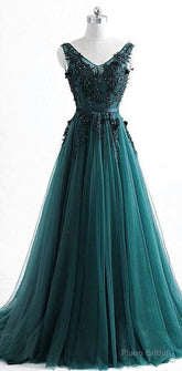 V Neck Dark Green Cheap Long Evening Prom Dresses, Sweet 16 Prom Dresses