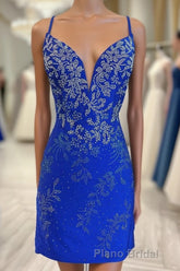 Royal Blue Beaded Plunge V Lace-Up Short Homecoming Dresses