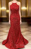 Trumpet/Mermaid Halter Sleeveless Sweep Train Velvet Sequins Formal Prom Dresses