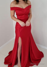 Trumpet/Mermaid Off-the-Shoulder Sleeveless Satin Long/Floor-Length Prom Dresses