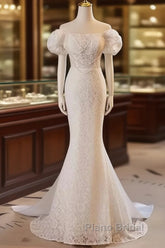 Trumpet Mermaid Puffy Sleeves  Wedding Dresses With Detachable Train