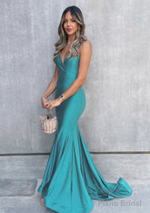 Trumpet/Mermaid V Neck Sleeveless Sweep Train Jersey Prom Dresses