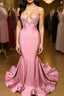 Trumpet/Mermaid V-neck Sweep Train Charmeuse Formal Prom Dresses With Appliques Lace