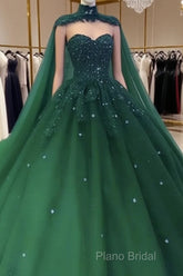 Tulle Ball Gown Emerald Green Quinceanera Dresses Crystals With Cape Free