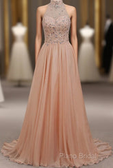 Tulle & Chiffon High Neck Formal Dresses With Beading