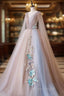 Tulle V Neck Appliques Champagne Long Sleeves Flower Formal Prom Dresses