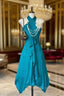 Turquoise A-Line Halter Satin Formal Prom Dresses Sexy Sleeveless Party Dresses