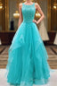 Turquoise Tulle Long Lace Formal Prom Dresses, Ruffles Formal Dresses