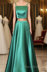 Two Piece Green Satin Formal Prom Dresses With Straps