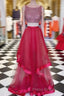 Two Pieces Sequin Round Neck Tulle Long Red Formal Prom Dresses, Red Evening Dresses