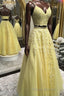 Two Pieces V Neck Yellow Lace Long Formal Prom Dresses, 2 Pieces Yellow Formal Dresses, Yellow Lace Evening Dresses