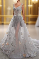 Gray Long Formal Prom Dresses with Butterfly, New Arrival Unique Evening Dresses